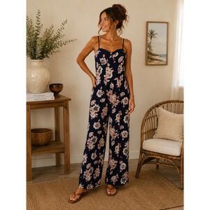 Band of Gypsies Navy Floral Wide Leg Jumpsuit Sweetheart Neck Smocked Back M